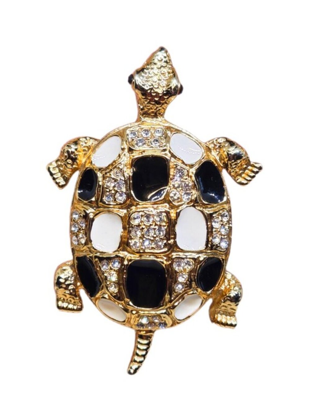 Vintage 70s Tortoise/Turtle Gold & Crystal Brooch - 2.5 inch